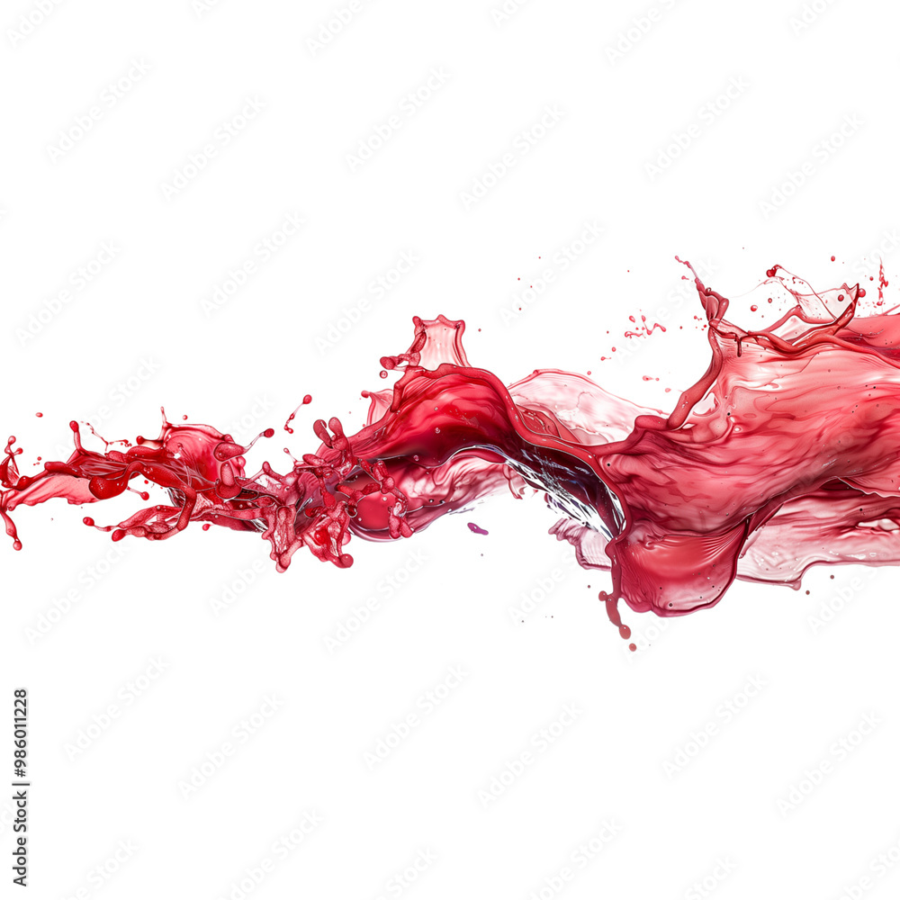 Poster Red liquid splashing rapidly in abstract shape. Dynamic motion of liquid movement on white background. Vivid color burst for design element and visual effect concept.