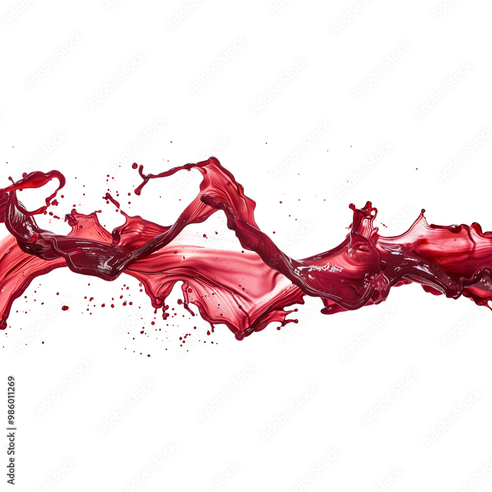 Poster Red liquid splashing rapidly in abstract shape. Dynamic motion of liquid movement on white background. Vivid color burst for design element and visual effect concept.