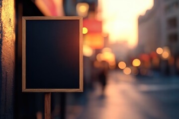 close up empty sign, mockup with black empty background near cafe, in background street on sunset in blur