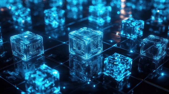 Fototapeta A futuristic scene of glowing blue cubes on a reflective grid, suggesting a digital environment.