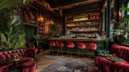 Luxurious Bar Interior with Red Velvet Seating, Gold Accents, and a Well-Stocked Bar