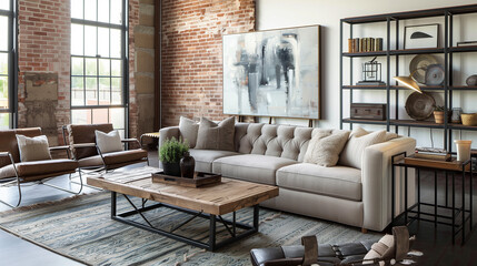 Open living room with a modular sofa, rectangular wooden coffee table, and metal-framed accent chairs for a modern-industrial look.