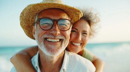 A senior couple embraces lovingly on a sunny beach, capturing a moment of genuine affection and happiness with the ocean and sky in the background.