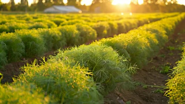 Sunset Over Dill Field. Stunning 4K Ultra HD Footage - Perfect for Professional Projects