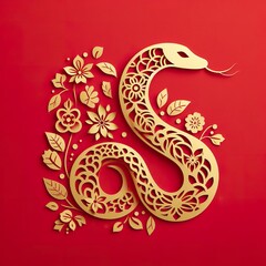 Fototapeta premium paper cut floral snake to celebrate chinese new year done on a red paper background