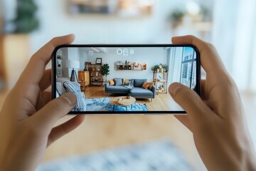 A consumer using augmented reality to shop online, visualizing products in their home before making a purchase