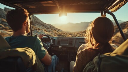 A couple on a thrilling road trip adventure, driving through rugged terrain in an off-road vehicle,