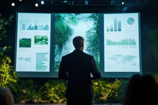 A corporate CEO unveiling the executive plan to achieve net zero, with graphs showing progress, and future green strategies projected on large screens