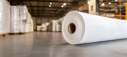A roll of white non-woven fabric is placed on the floor in front, surrounded by large pallets with various products and goods stacked behind it