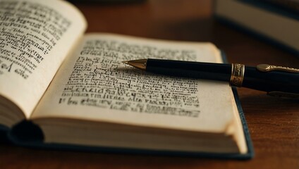 Pen resting on an open book.