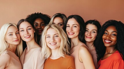 Obraz premium A diverse group of women using different skincare products, representing various skin types and ages, all with healthy, glowing complexions, promoting inclusivity and personalized skincare
