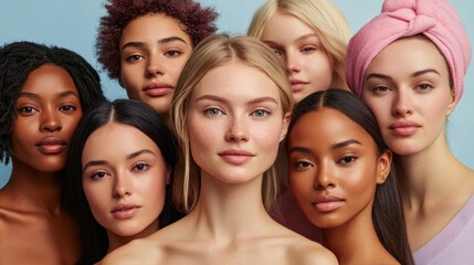 Obraz premium A diverse group of women using different skincare products, representing various skin types and ages, all with healthy, glowing complexions, promoting inclusivity and personalized skincare