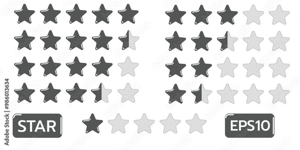 Poster Bright Black stars and gray stars arranged in grid pattern, showcasing rating system. design includes words STAR and EPS10 at bottom, emphasizing graphics purpose.