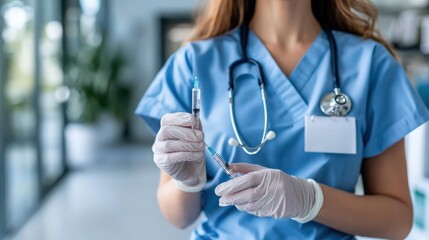 A doctor in blue medical scrubs and mask is holding a syringe with vaccine in a well-lit hospital setting, emphasizing the importance of immunization and healthcare services.