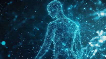A futuristic human figure with embedded tech, representing the possibilities of human evolution through technology,