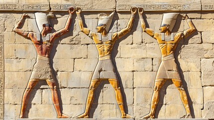 Ancient Egyptian hieroglyphs depicting an ancient man in simple with his hands raised, carved on the wall of one of Egypt's main temples.