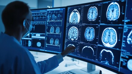 A high-resolution MRI scan being analyzed by medical professionals using AI technology to enhance imaging accuracy,