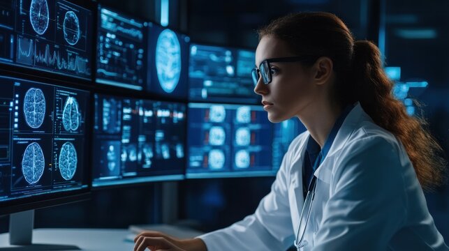 A healthcare professional reviewing massive amounts of medical data processed by AI, using it to optimize patient care and treatment outcomes,