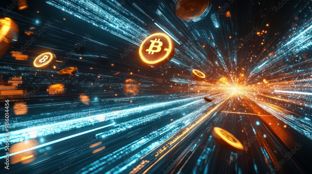 Poster a dynamic visualization of digital currency, showcasing bitcoin in a burst of light and motion.