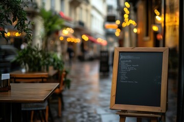 close up empty sign, mockup with black empty background near cafe, in background street on sunset in blur