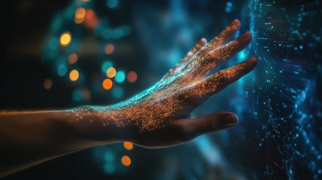 A human hand reaching out to touch a holographic interface, symbolizing the seamless integration of humans and technology,
