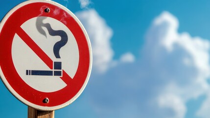 A clear no smoking sign is depicted against a blue sky with clouds, signaling a smoke-free zone and emphasizing the importance of clean air on private property.
