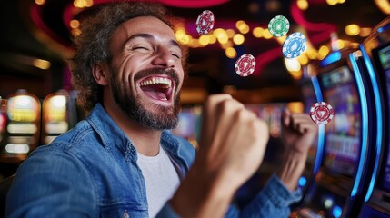 Fototapeta premium A person in a casino celebrates a big win, throwing poker chips in the air with excitement; vibrant lights and slot machines create a lively atmosphere.