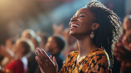 A joyful Christian singer leading a congregation in clapping and singing during a praise song,