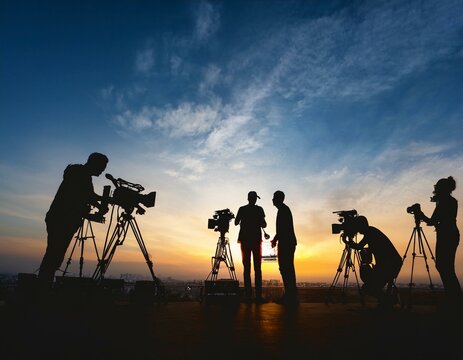 Silhouette images of video production behind the scenes or b-roll or making of TV commercial movie that film crew team lightman and cameraman working together with director in big studio