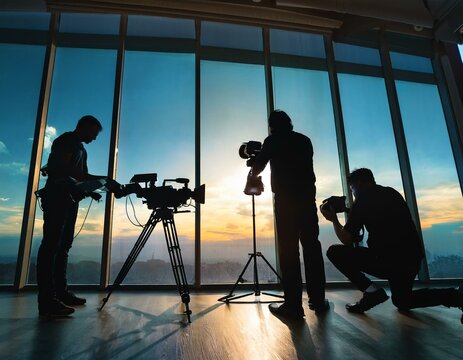 Silhouette images of video production behind the scenes or b-roll or making of TV commercial movie that film crew team lightman and cameraman working together with director in big studio
