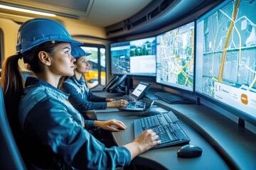 A logistics team using TMS software to optimize freight routes, reduce delivery times, and cut costs, with real-time data and dynamic route adjustments displayed on screens