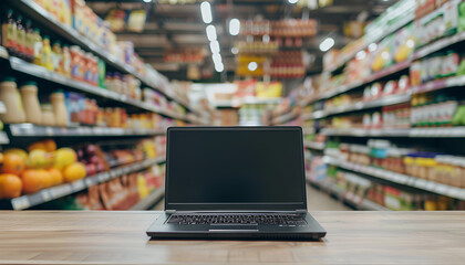 Fototapeta premium Laptop on table in grocery aisle, symbolizing online grocery shopping