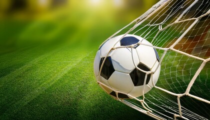 soccer ball in goal with green backgroung