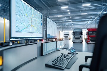 A modern logistics control center with real-time TMS software displaying live tracking of multiple vehicles, optimizing routes and ensuring on-time deliveries