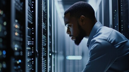 Fototapeta premium A network administrator overseeing multiple servers, configuring and maintaining them for optimal performance,