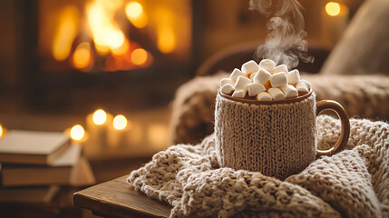Steaming Cup of Hot Cocoa with Marshmallows by the Fireplace