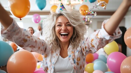 A joyous woman in a party hat celebrating is surrounded by colorful balloons, capturing the essence of happiness and festivity in an indoor setting.