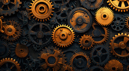 An intricate pattern of gears and cogs,engine gear wheels,mechanical parts, industrial background.