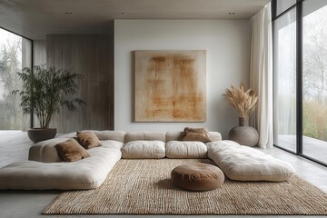 minimalist scandinavian living room large abstract art piece oversized potted plant textured carpet diffused natural light muted color scheme