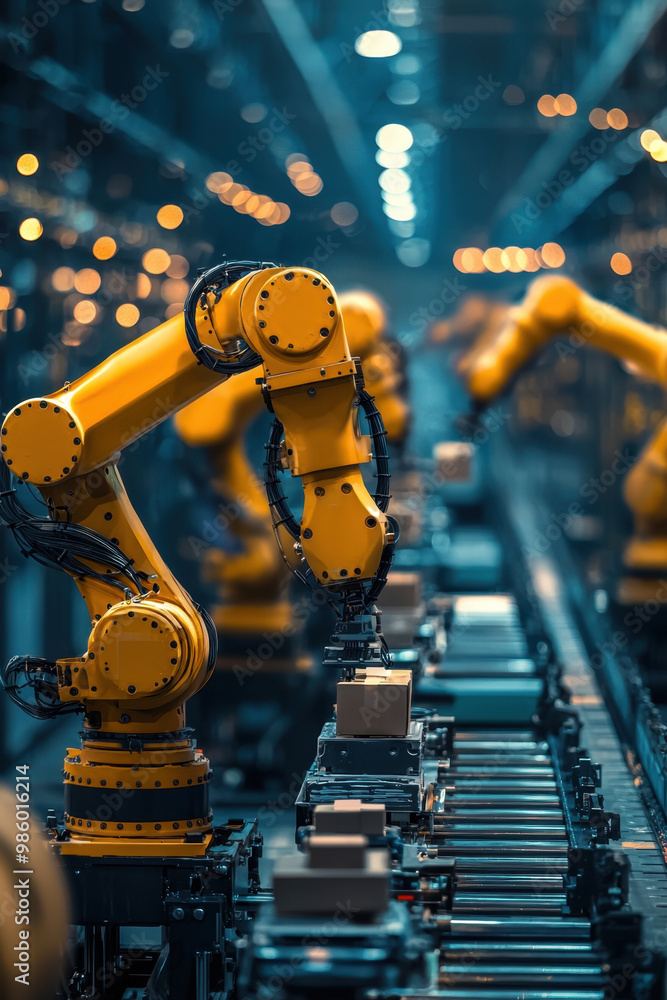 Poster innovation in logistics, advanced automated warehouse with robotic arms efficiently sorting packages