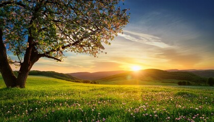 Sunset view from under a tree on a green flower meadow