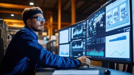 A supply chain manager analyzing trends and performance metrics through integrated software, surrounded by dashboards showing data on supplier and delivery networks