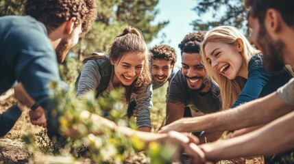 Fototapeta premium A team participating in an outdoor team-building activity, working together to solve a challenge, smiling and encouraging each other in a scenic natural environment