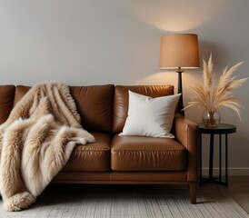 Cozy brown sofa, lamp and vase with pampas grass isolated on white background         ai gegerate  