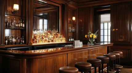 A Polished Wooden Bar with Stools and Liquor Bottles Displayed