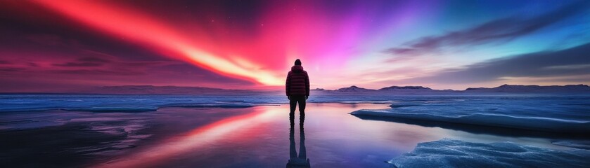 Fototapeta premium A silhouette stands on a calm, reflective surface under a vibrant sky filled with pink, purple, and orange hues during dusk.