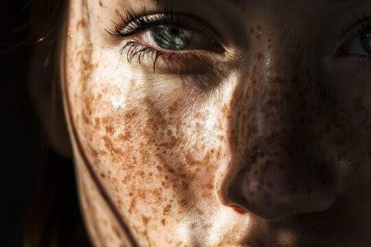 Freckled face with dramatic lighting