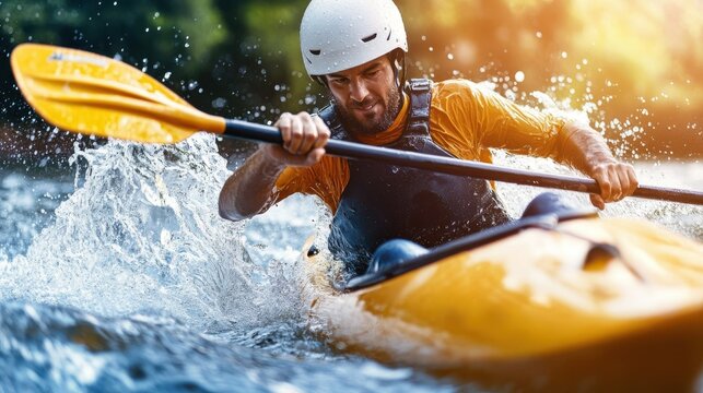 An adventurous kayaker skillfully navigates through choppy waters, epitomizing courage and precision in this stunning outdoor action photograph.