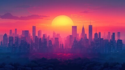 minimalist vector illustration of a cityscape at sunrise clean lines and geometric shapes create a stylized skyline warm gradient colors in the sky