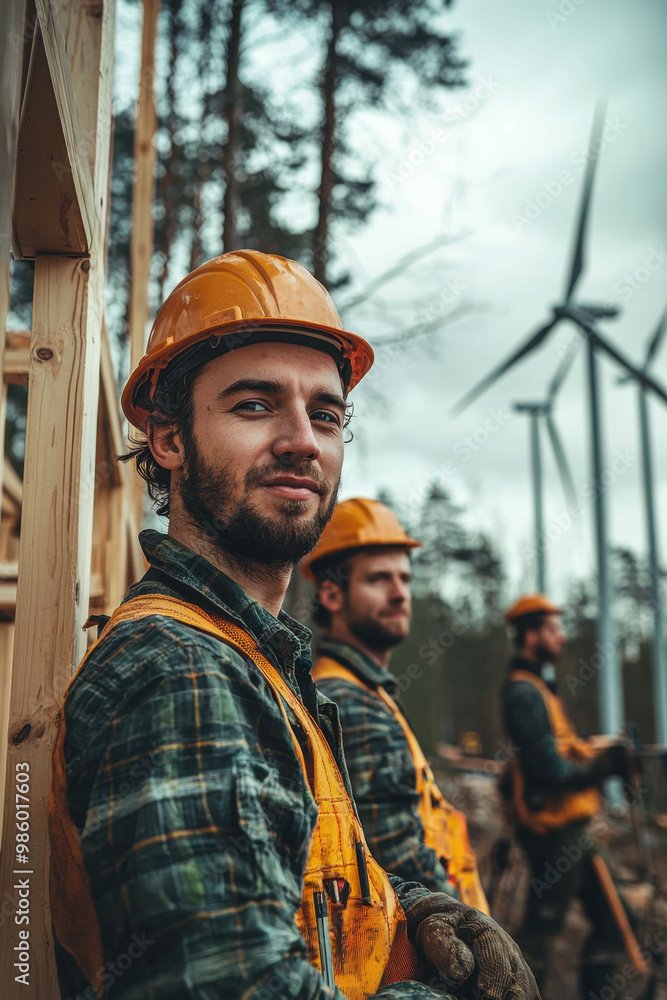 Poster sustainable construction practices, builders assembling a wooden framework with eco-friendly tools i